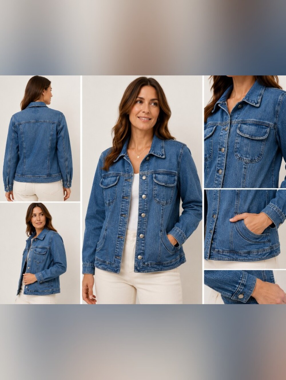 AMX Women's Blue Denim Snap Front Jacket Large Utility Stretch Jean Jacket